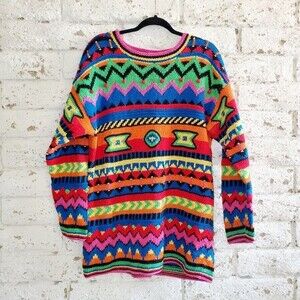 VTG Bravo Hand Knit Colorful Sweater Womens 1980 90's Coogi Fresh Prince Sz M